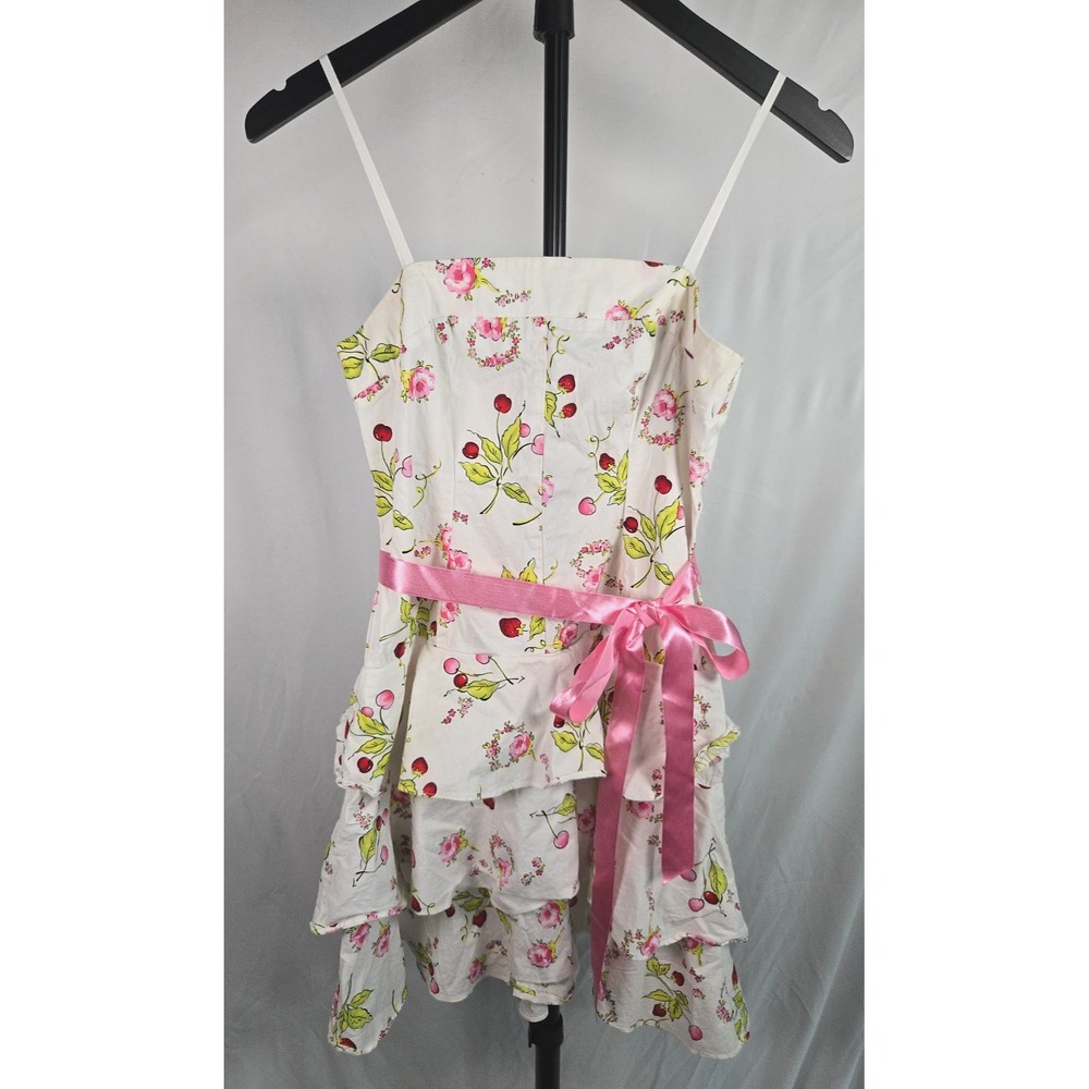 Girls Size 7‎ Cherry Strawberry Floral Tiered Ruffle Dress Pink Ribbon Sundress